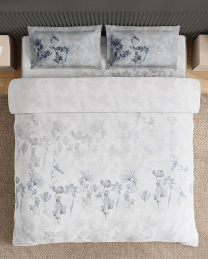 Spaces Neo White Floral 100% Cotton Large Bedsheet with 2 Pillow Covers - 108 x 108 Inches