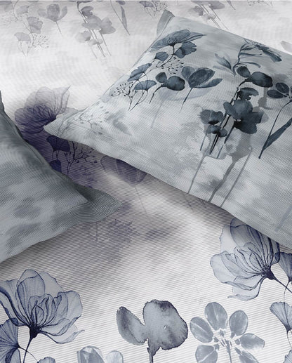 Spaces Neo White Floral 100% Cotton Large Bedsheet with 2 Pillow Covers - 108 x 108 Inches