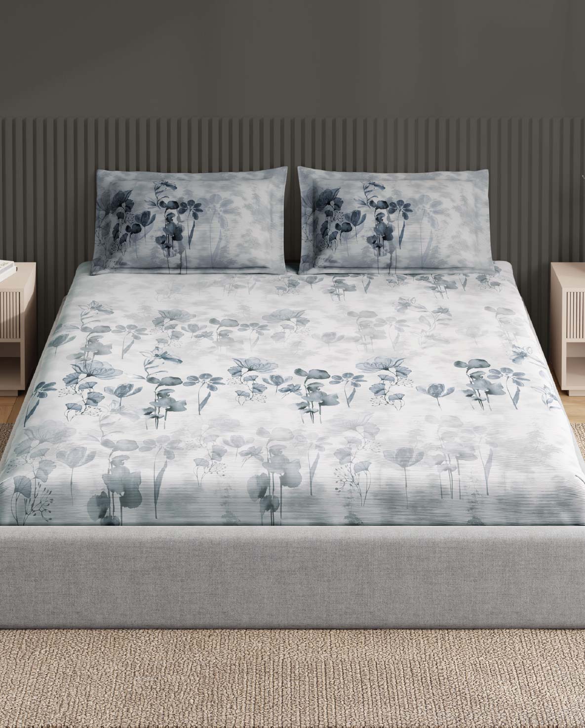 Spaces Neo White Floral 100% Cotton Large Bedsheet with 2 Pillow Covers - 108 x 108 Inches