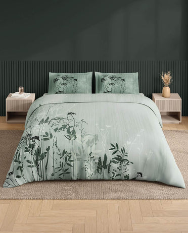 Spaces Neo Sea Foam Floral 100% Cotton Large Bedsheet with 2 Pillow Covers - 108 x 108 Inches