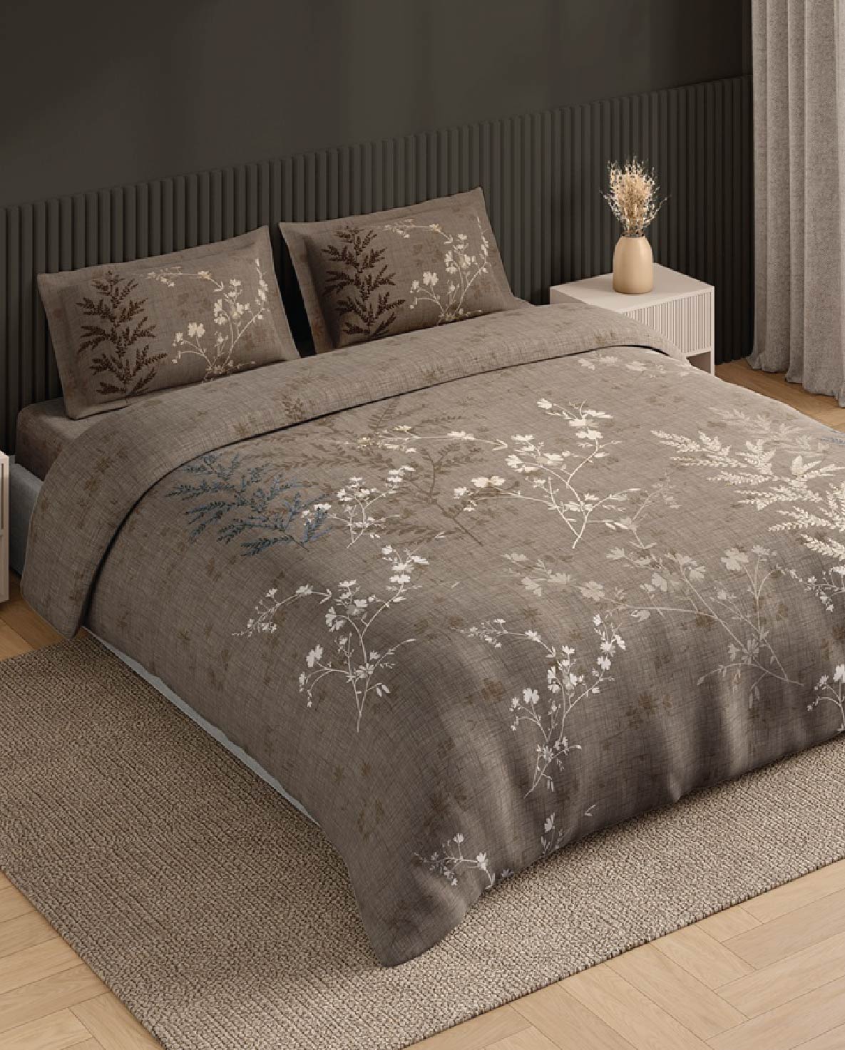 Spaces Neo Light Taupe Floral 100% Cotton Large Bedsheet with 2 Pillow Covers - 108 x 108 Inches