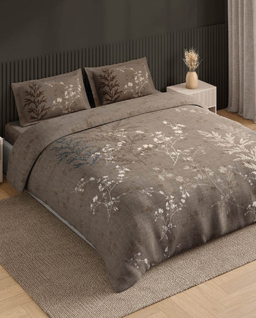 Spaces Neo Light Taupe Floral 100% Cotton Large Bedsheet with 2 Pillow Covers - 108 x 108 Inches