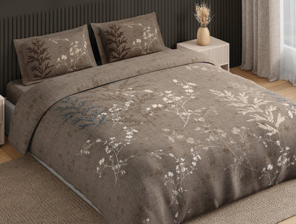 Spaces Neo Light Taupe Floral 100% Cotton Large Bedsheet with 2 Pillow Covers - 108 x 108 Inches