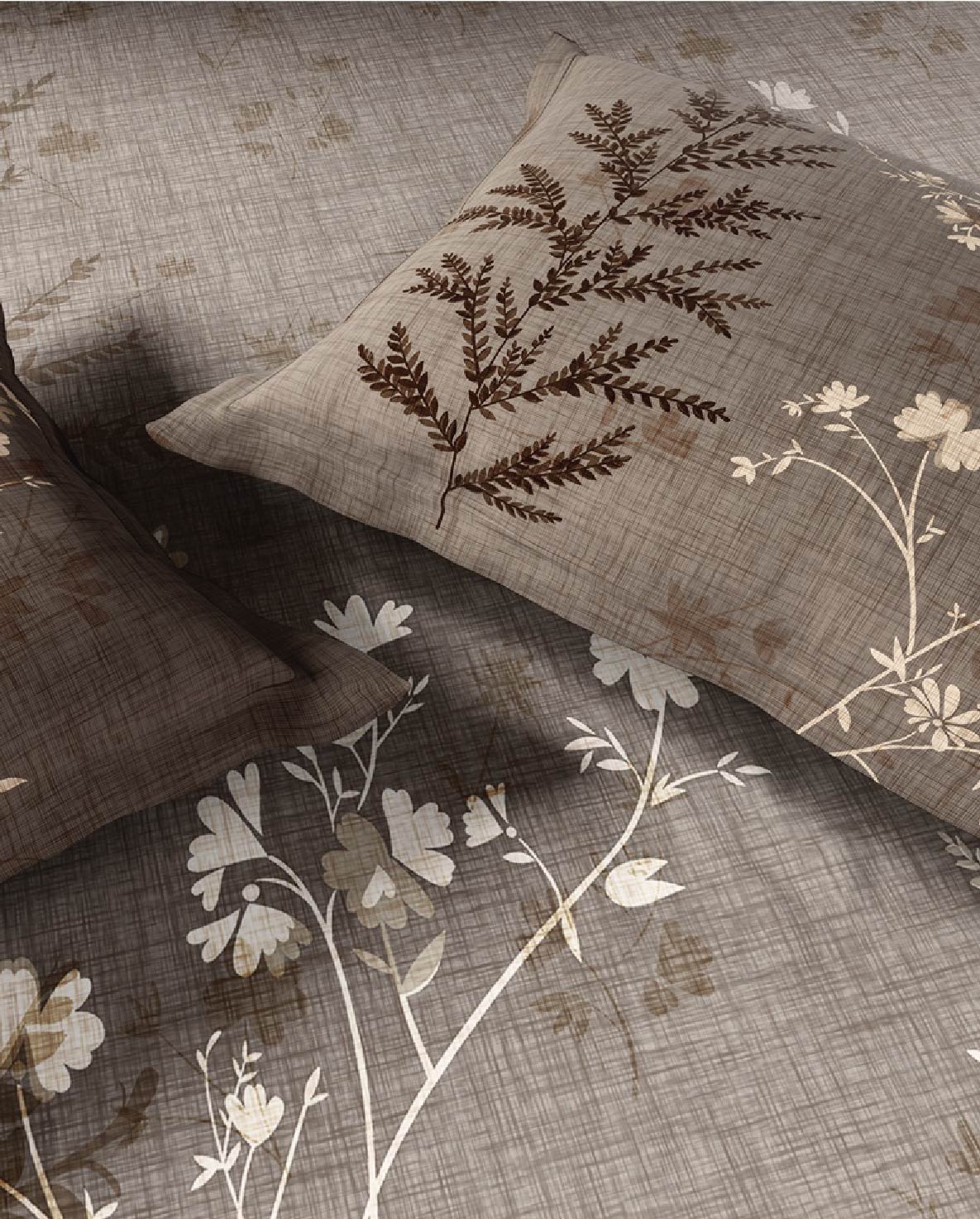 Spaces Neo Light Taupe Floral 100% Cotton Large Bedsheet with 2 Pillow Covers - 108 x 108 Inches