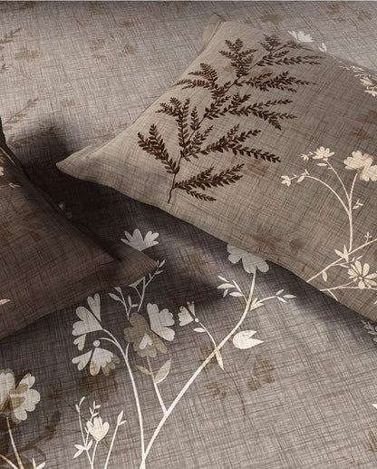 Spaces Neo Light Taupe Floral 100% Cotton Large Bedsheet with 2 Pillow Covers - 108 x 108 Inches