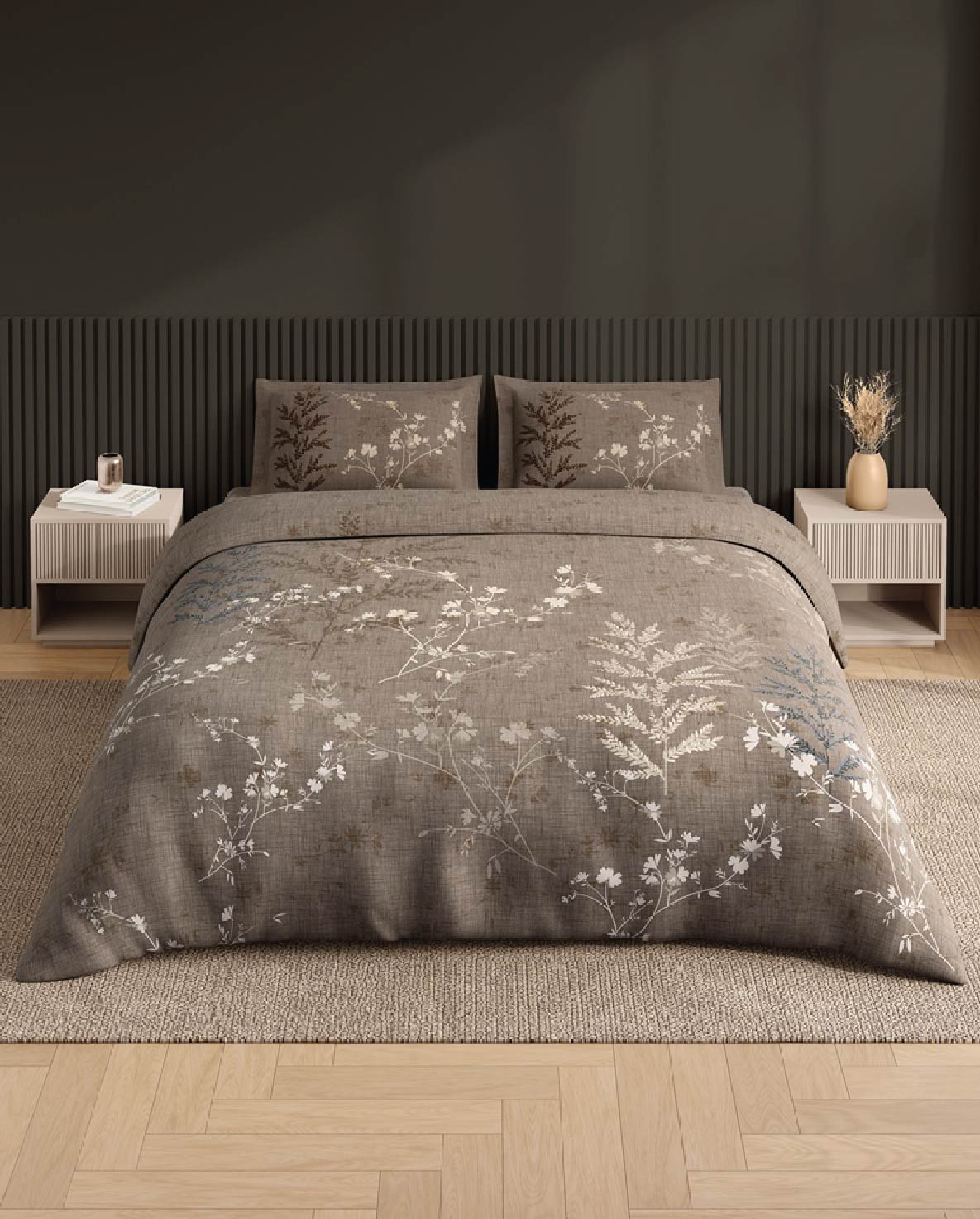 Spaces Neo Light Taupe Floral 100% Cotton Large Bedsheet with 2 Pillow Covers - 108 x 108 Inches