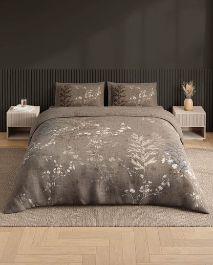 Spaces Neo Light Taupe Floral 100% Cotton Large Bedsheet with 2 Pillow Covers - 108 x 108 Inches