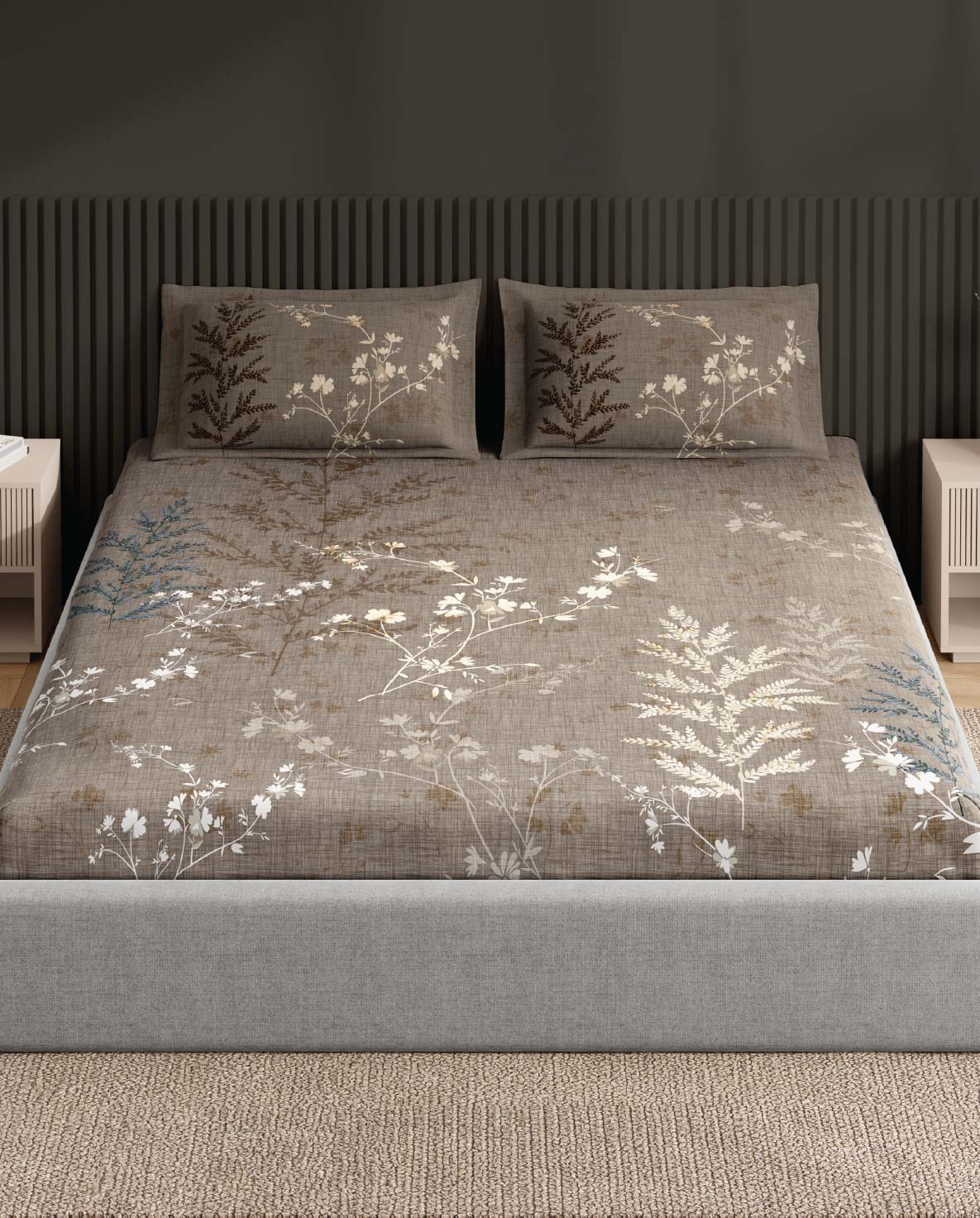 Spaces Neo Light Taupe Floral 100% Cotton Large Bedsheet with 2 Pillow Covers - 108 x 108 Inches
