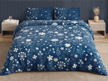 Spaces Neo Dark Blue Floral 100% Cotton Large Bedsheet with 2 Pillow Covers - 108 x 108 Inches