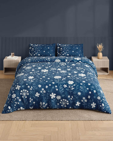 Spaces Neo Dark Blue Floral 100% Cotton Large Bedsheet with 2 Pillow Covers - 108 x 108 Inches