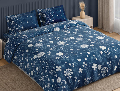 Spaces Neo Dark Blue Floral 100% Cotton Large Bedsheet with 2 Pillow Covers - 108 x 108 Inches