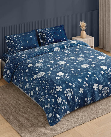 Spaces Neo Dark Blue Floral 100% Cotton Large Bedsheet with 2 Pillow Covers - 108 x 108 Inches