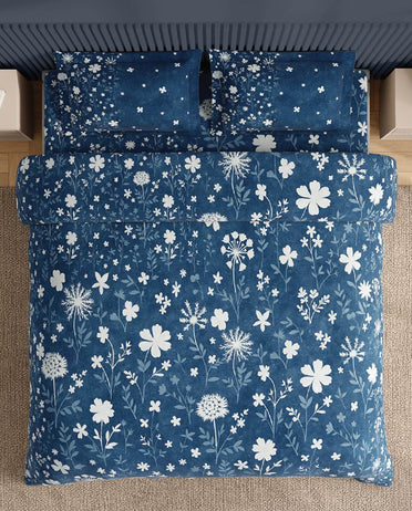 Spaces Neo Dark Blue Floral 100% Cotton Large Bedsheet with 2 Pillow Covers - 108 x 108 Inches