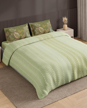 Spaces Neo Light Green Floral 100% Cotton Large Bedsheet with 2 Pillow Covers - 108 x 108 Inches