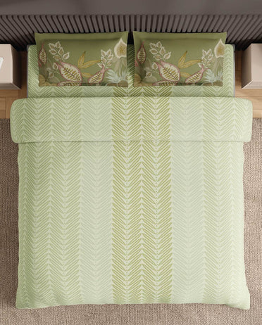 Spaces Neo Light Green Floral 100% Cotton Large Bedsheet with 2 Pillow Covers - 108 x 108 Inches