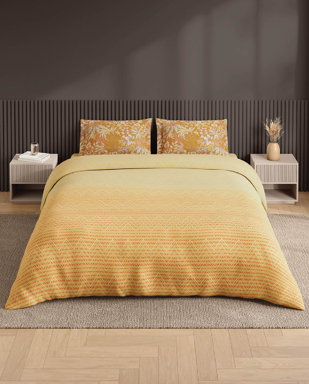 Spaces Neo Light Yellow Geometric 100% Cotton Large Bedsheet with 2 Pillow Covers - 108 x 108 Inches