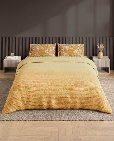 Spaces Neo Light Yellow Geometric 100% Cotton Large Bedsheet with 2 Pillow Covers - 108 x 108 Inches