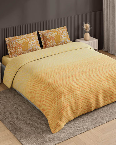 Spaces Neo Light Yellow Geometric 100% Cotton Large Bedsheet with 2 Pillow Covers - 108 x 108 Inches