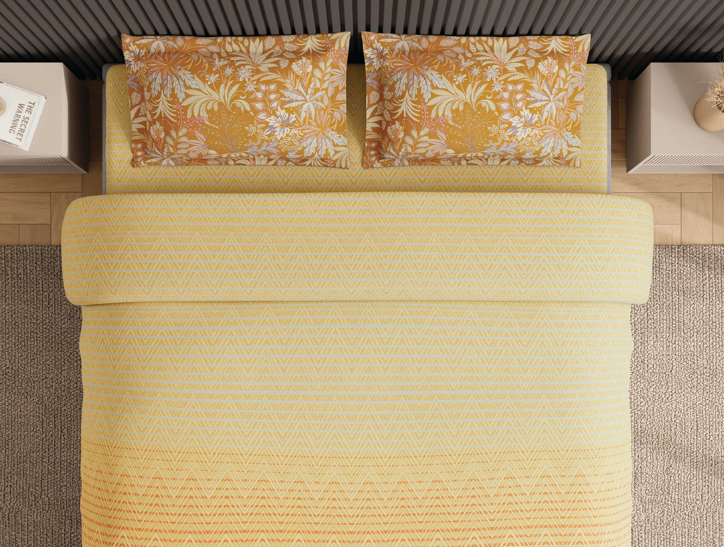 Spaces Neo Light Yellow Geometric 100% Cotton Large Bedsheet with 2 Pillow Covers - 108 x 108 Inches