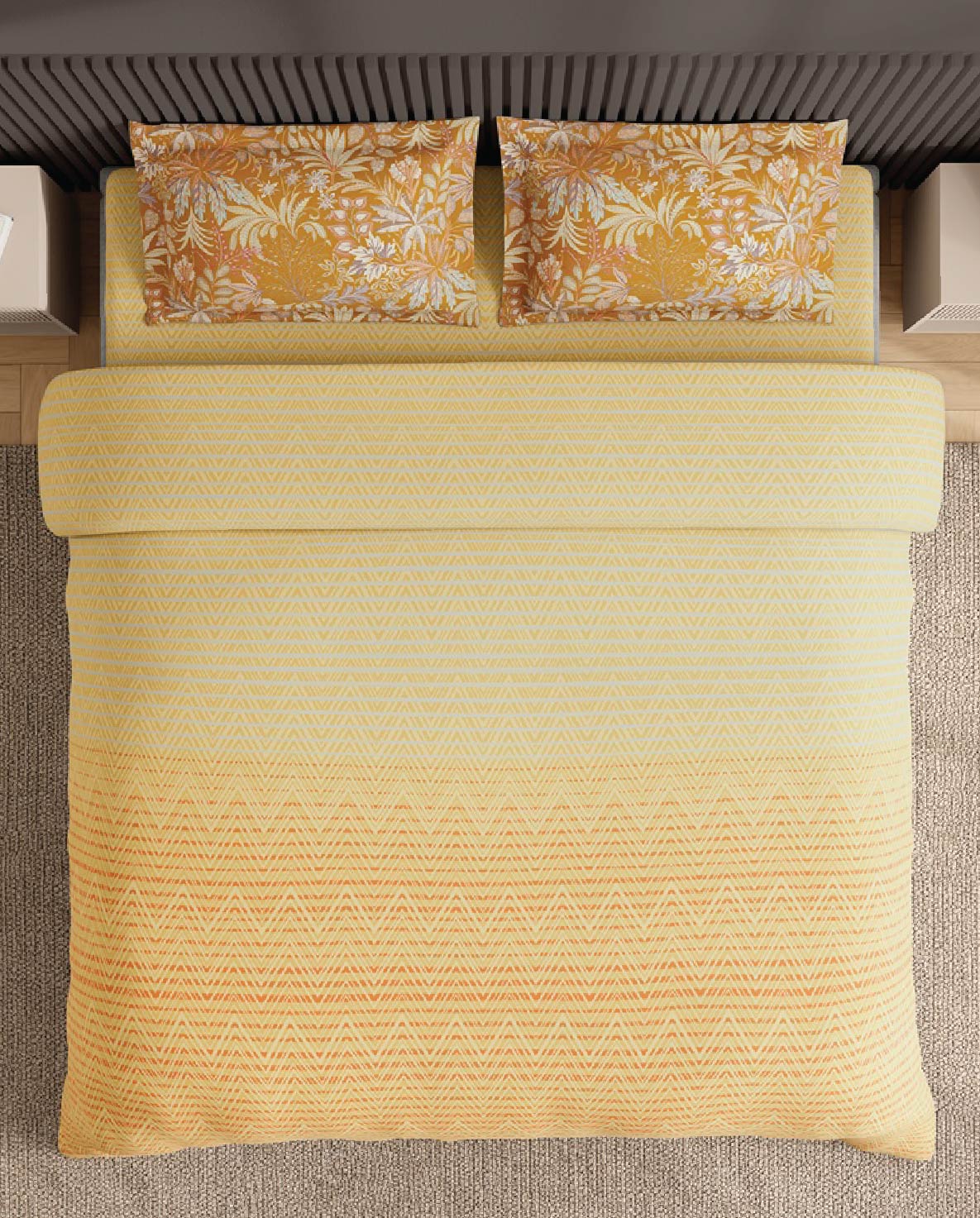 Spaces Neo Light Yellow Geometric 100% Cotton Large Bedsheet with 2 Pillow Covers - 108 x 108 Inches
