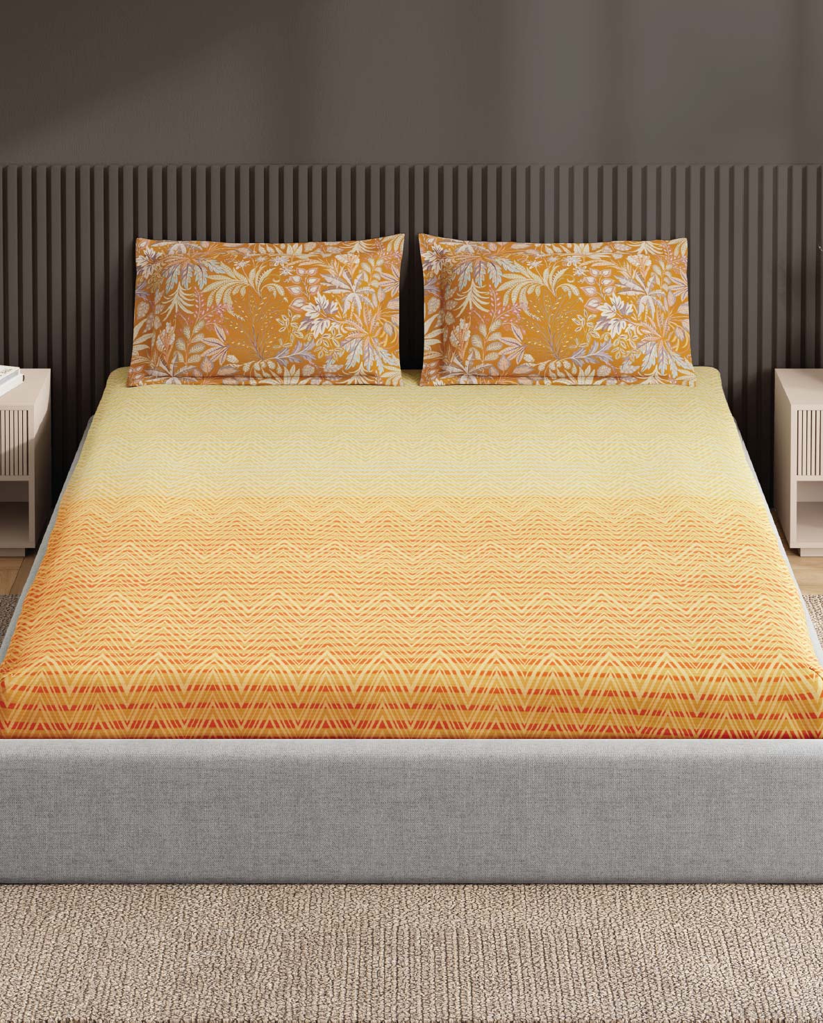 Spaces Neo Light Yellow Geometric 100% Cotton Large Bedsheet with 2 Pillow Covers - 108 x 108 Inches