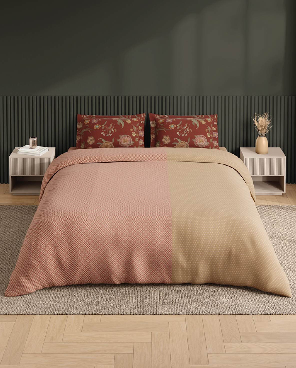 Spaces Neo Blush Geometric 100% Cotton Large Bedsheet with 2 Pillow Covers - 108 x 108 Inches