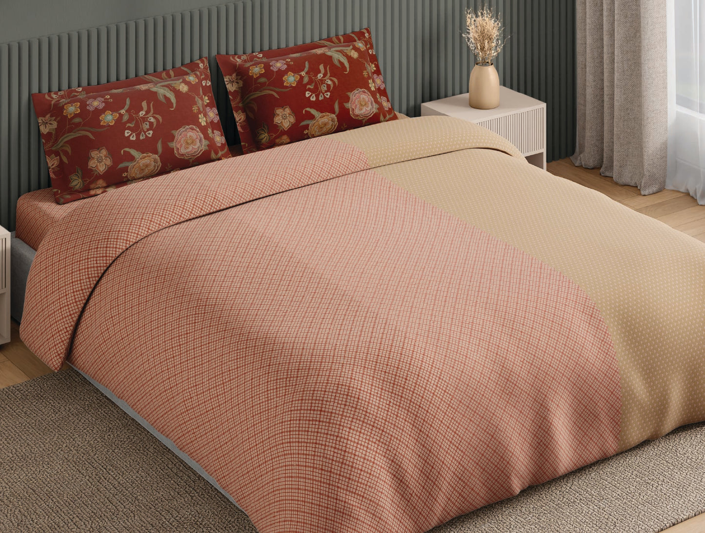 Spaces Neo Blush Geometric 100% Cotton Large Bedsheet with 2 Pillow Covers - 108 x 108 Inches