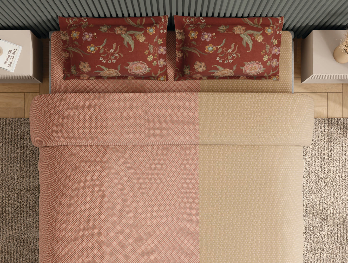 Spaces Neo Blush Geometric 100% Cotton Large Bedsheet with 2 Pillow Covers - 108 x 108 Inches