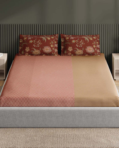 Spaces Neo Blush Geometric 100% Cotton Large Bedsheet with 2 Pillow Covers - 108 x 108 Inches