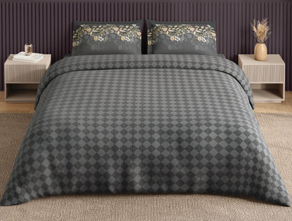 Spaces Neo Grey Geometric 100% Cotton Large Bedsheet with 2 Pillow Covers - 108 x 108 Inches