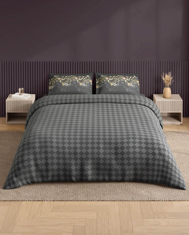 Spaces Neo Grey Geometric 100% Cotton Large Bedsheet with 2 Pillow Covers - 108 x 108 Inches