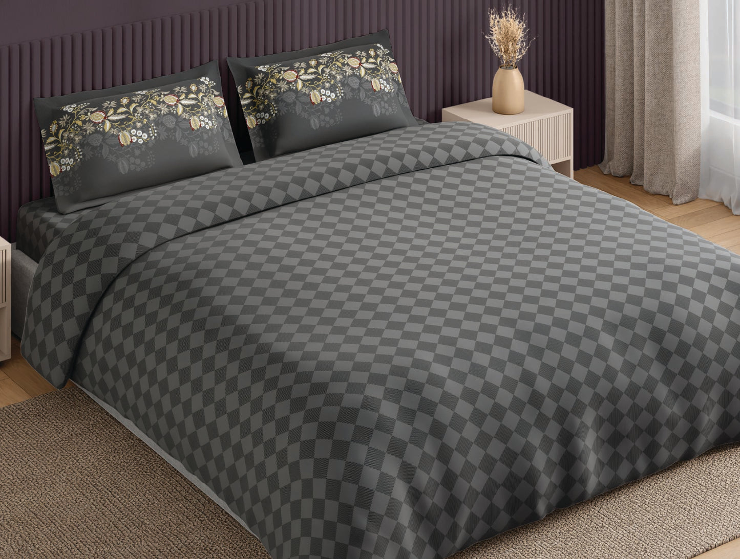 Spaces Neo Grey Geometric 100% Cotton Large Bedsheet with 2 Pillow Covers - 108 x 108 Inches