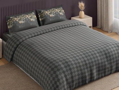 Spaces Neo Grey Geometric 100% Cotton Large Bedsheet with 2 Pillow Covers - 108 x 108 Inches
