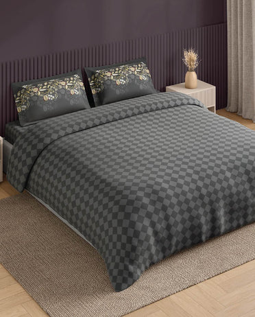 Spaces Neo Grey Geometric 100% Cotton Large Bedsheet with 2 Pillow Covers - 108 x 108 Inches