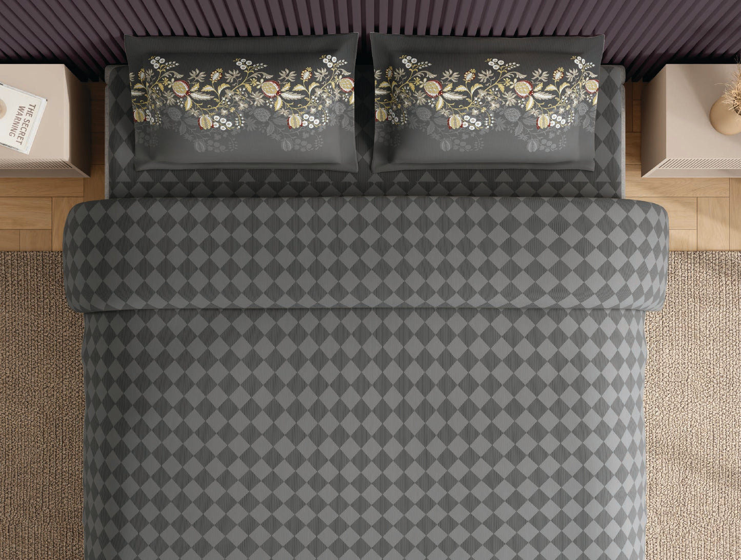 Spaces Neo Grey Geometric 100% Cotton Large Bedsheet with 2 Pillow Covers - 108 x 108 Inches