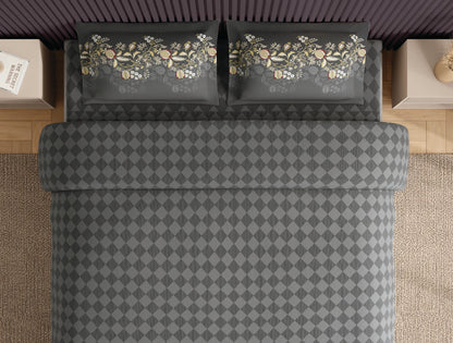 Spaces Neo Grey Geometric 100% Cotton Large Bedsheet with 2 Pillow Covers - 108 x 108 Inches