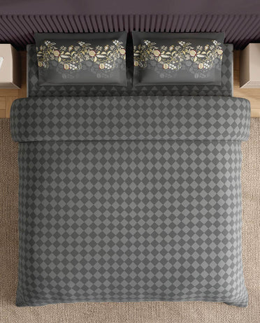 Spaces Neo Grey Geometric 100% Cotton Large Bedsheet with 2 Pillow Covers - 108 x 108 Inches