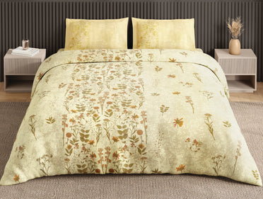 Spaces Neo Light Yellow Floral 100% Cotton Large Bedsheet with 2 Pillow Covers - 108 x 108 Inches
