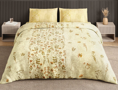 Spaces Neo Light Yellow Floral 100% Cotton Large Bedsheet with 2 Pillow Covers - 108 x 108 Inches