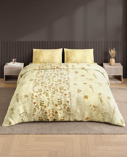 Spaces Neo Light Yellow Floral 100% Cotton Large Bedsheet with 2 Pillow Covers - 108 x 108 Inches