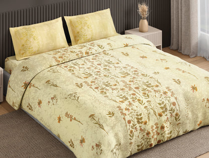 Spaces Neo Light Yellow Floral 100% Cotton Large Bedsheet with 2 Pillow Covers - 108 x 108 Inches