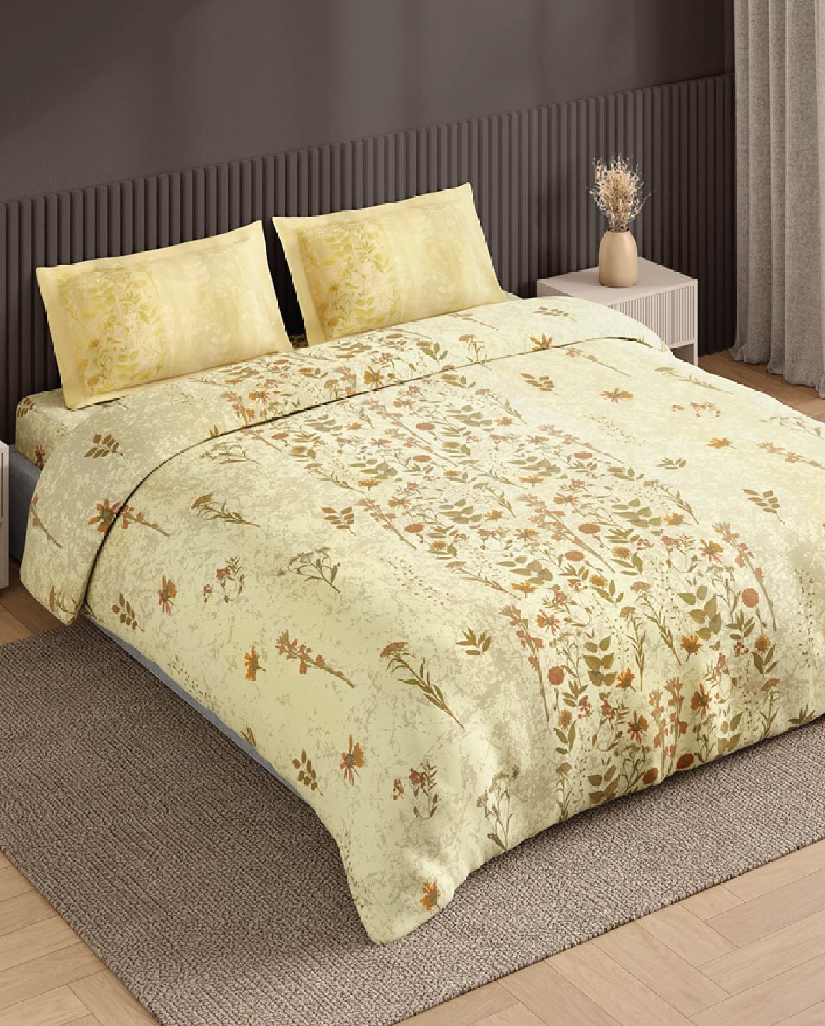Spaces Neo Light Yellow Floral 100% Cotton Large Bedsheet with 2 Pillow Covers - 108 x 108 Inches