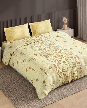 Spaces Neo Light Yellow Floral 100% Cotton Large Bedsheet with 2 Pillow Covers - 108 x 108 Inches