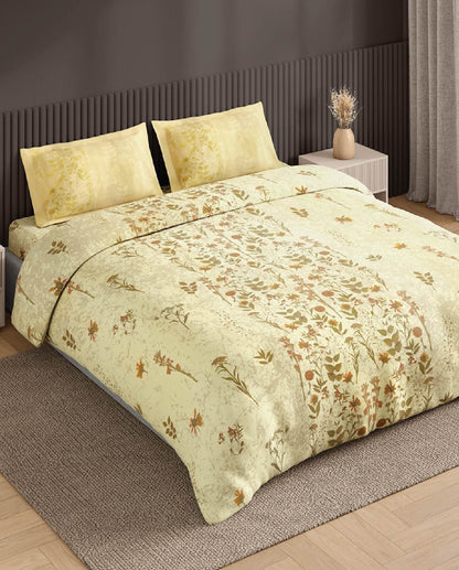 Spaces Neo Light Yellow Floral 100% Cotton Large Bedsheet with 2 Pillow Covers - 108 x 108 Inches