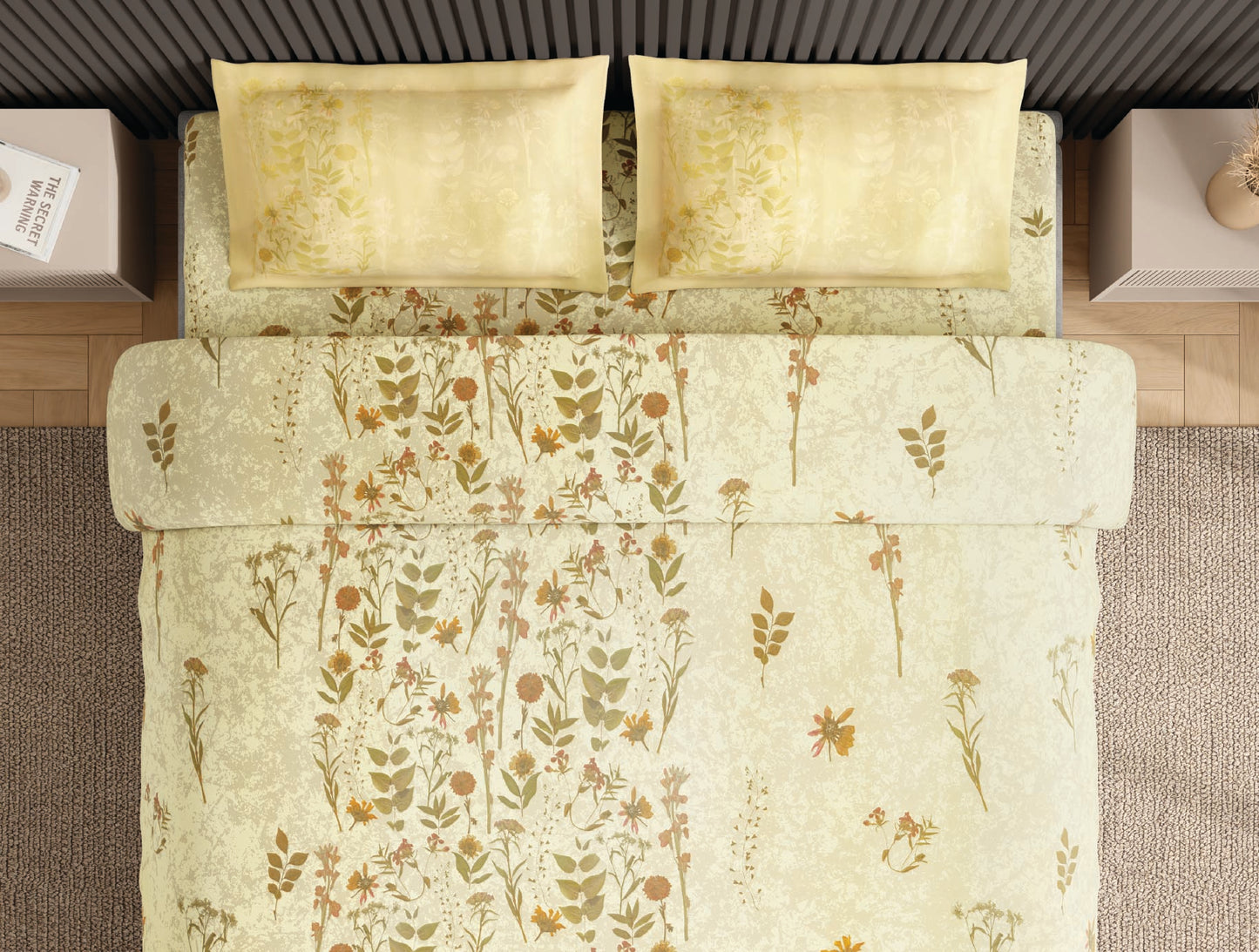 Spaces Neo Light Yellow Floral 100% Cotton Large Bedsheet with 2 Pillow Covers - 108 x 108 Inches