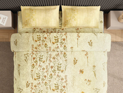 Spaces Neo Light Yellow Floral 100% Cotton Large Bedsheet with 2 Pillow Covers - 108 x 108 Inches