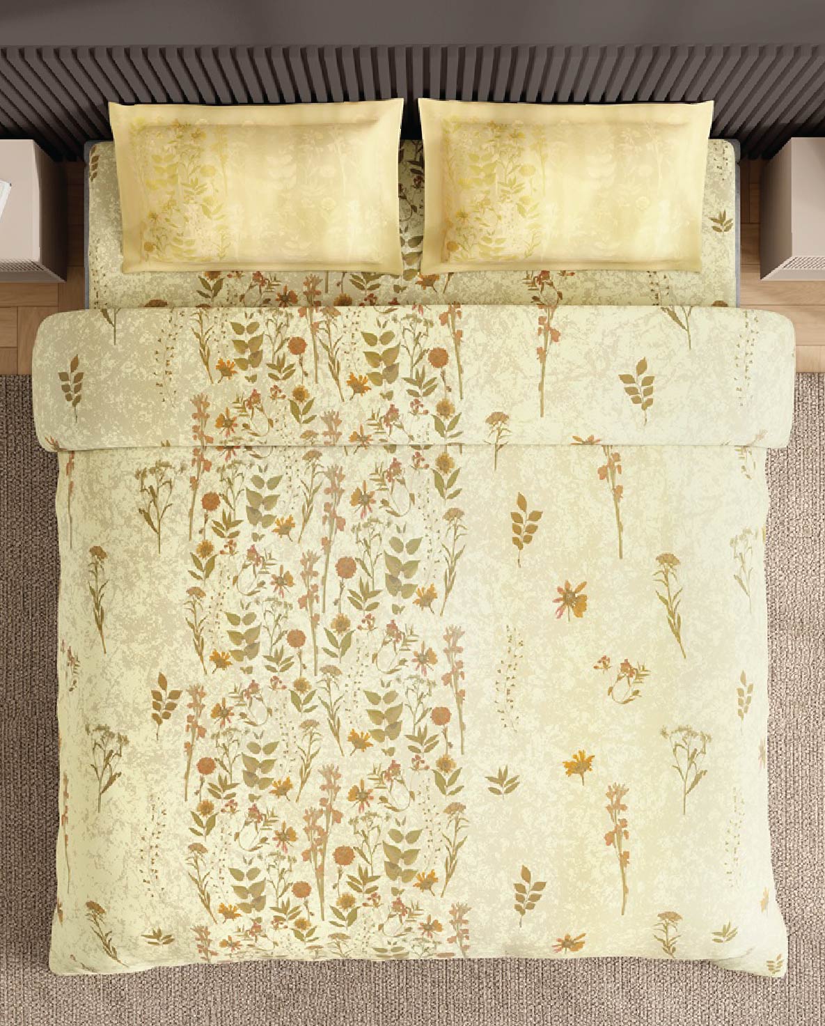 Spaces Neo Light Yellow Floral 100% Cotton Large Bedsheet with 2 Pillow Covers - 108 x 108 Inches