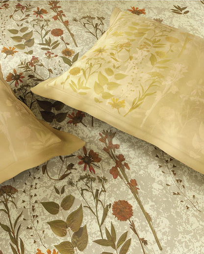 Spaces Neo Light Yellow Floral 100% Cotton Large Bedsheet with 2 Pillow Covers - 108 x 108 Inches