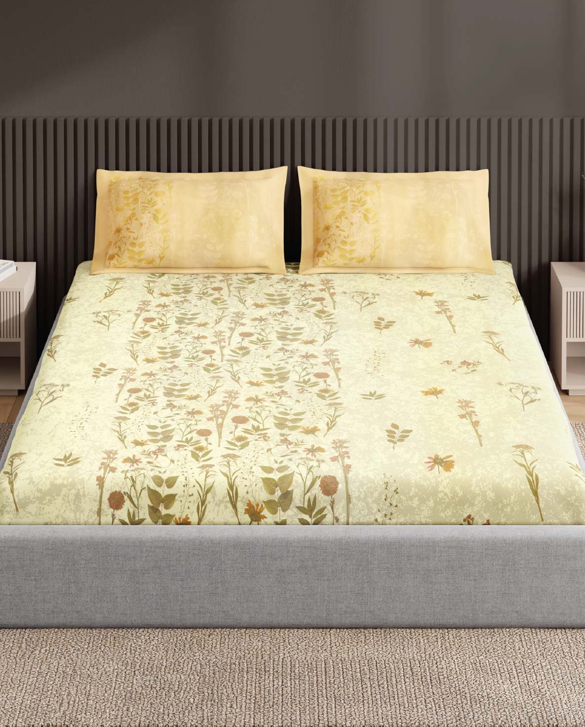 Spaces Neo Light Yellow Floral 100% Cotton Large Bedsheet with 2 Pillow Covers - 108 x 108 Inches