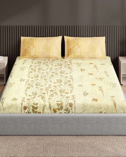 Spaces Neo Light Yellow Floral 100% Cotton Large Bedsheet with 2 Pillow Covers - 108 x 108 Inches